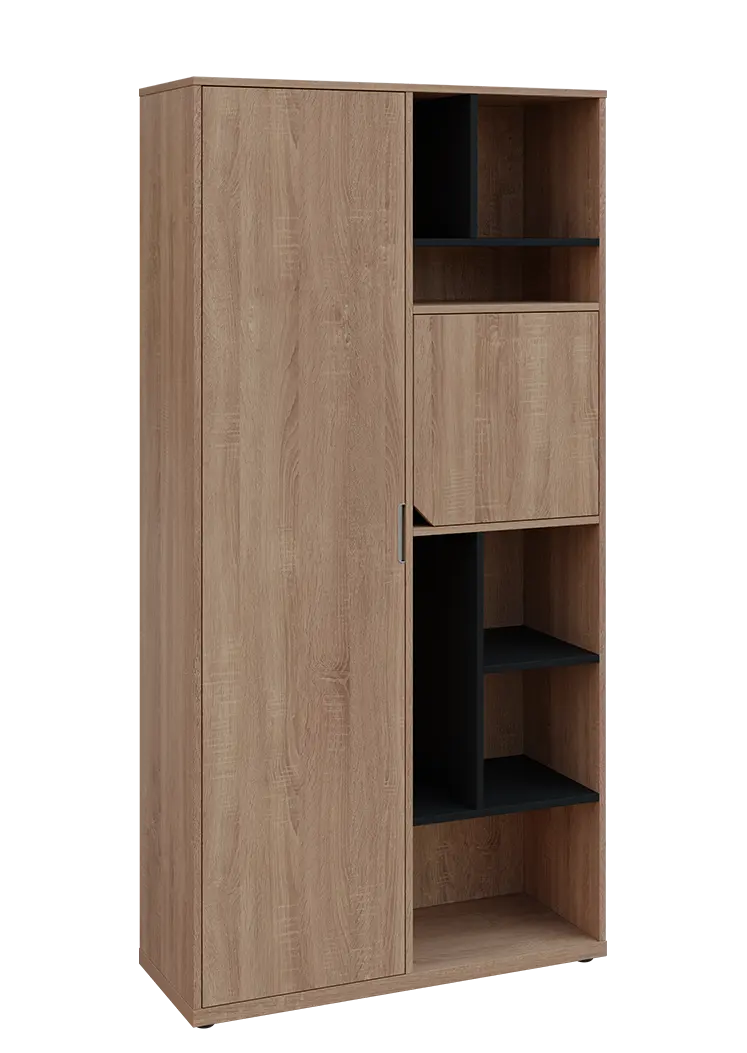 KSR6-83 L skříň šatní, 1x výsuvné ramínko, dvířka, niky, 2053x1022x400 mm, provedení levé, korpus a dvířka dub bardolino/police černá